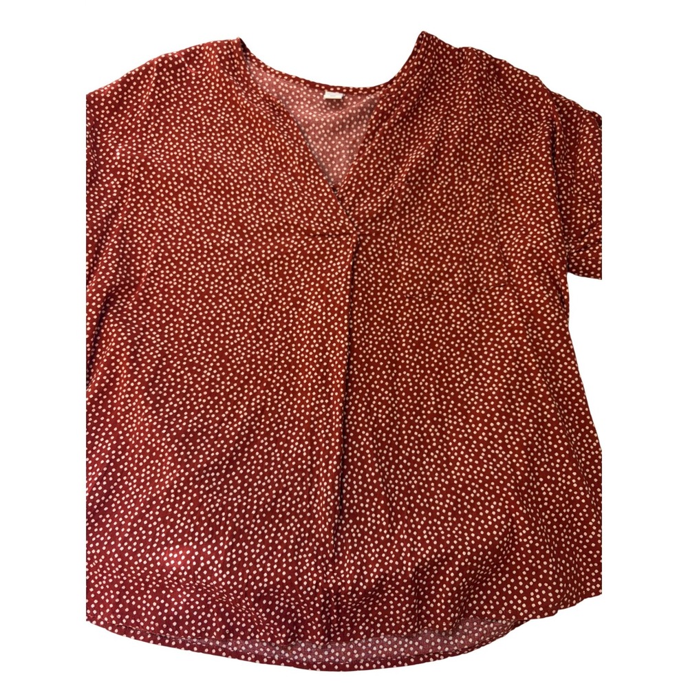 Old Navy Rust Red Polka Dot V-Neck Short Sleeve Blouse Size M Pocket Chic Top